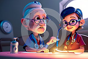 Old Doctor listens to her patients, heart with stethoscope the little child