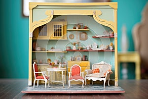 old dollhouse with peeling paint and cobwebbed corners