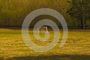 Old domestic small football goal with grid. Football goal with fragmentary grid in the forest. No people.