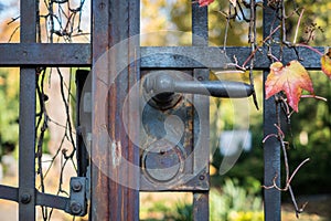 Old door handle on cemetery entrance gate