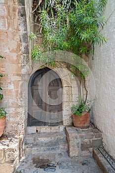 Old door in Lindos Town. Greek Island of Rhodes. Europe