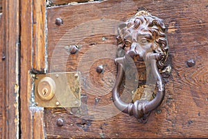 Old door with lion head door knob.