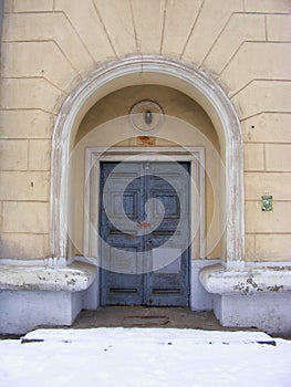 Old door in Minsk, Stalin`s ampire neoclassicism, Belarus