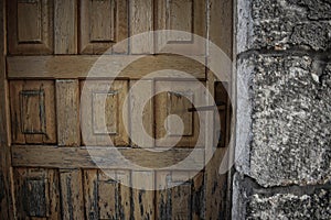 Old door on old bricks stone wall background