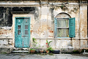 Old door and window on the old wall