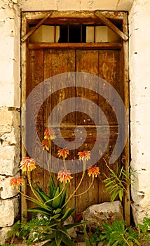 Old doorway with flowers in Mediterranean village
