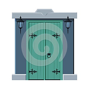 Old Double Green Door in Vintage Style, Architactural Design Element Vector Illustration