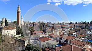 The old tiled roofs of Antalya. Yivli minaret.