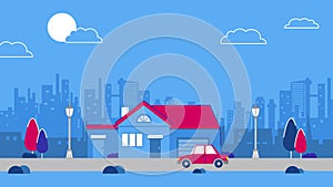 An old downtown house on the city sky scrapers background. Vector Red retro style car. Blue and red color scheme