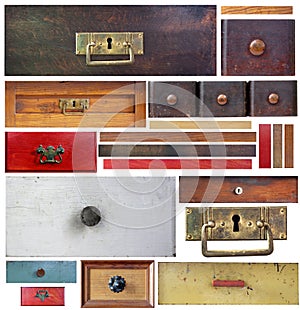 Old drawers, wooden strips and escutcheons photo