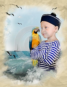 Old drawing with sailor boy and parrot