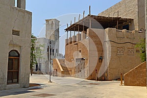 Old Dubai of buildings and traditional Arabian streets. Historical Al Fahidi neighborhood, Al Bastakiya