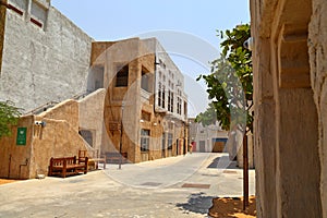 Old Dubai of buildings and traditional Arabian streets. Historical Al Fahidi neighborhood, Al Bastakiya