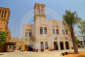 Old Dubai of buildings and traditional Arabian streets. Historical Al Fahidi neighborhood, Al Bastakiya