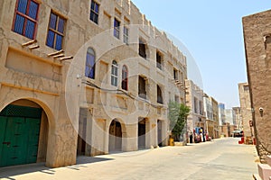 Old Dubai of buildings and traditional Arabian streets. Historical Al Fahidi neighborhood, Al Bastakiya