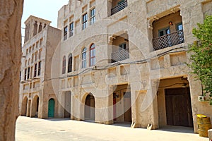 Old Dubai of buildings and traditional Arabian streets. Historical Al Fahidi neighborhood, Al Bastakiya