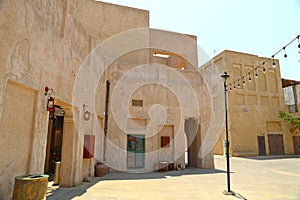 Old Dubai of buildings and traditional Arabian streets. Historical Al Fahidi neighborhood, Al Bastakiya