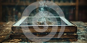 An old, dusty book transforming into a sleek tablet device generated by AI