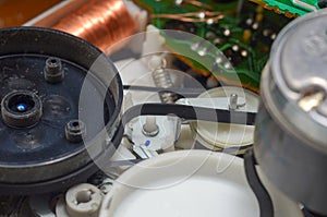 old dusty circuit board with electronic components close-up