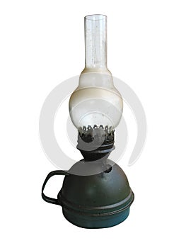 Old dusty kerosene lamp isolated on white