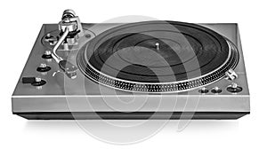 Old dusty vinyl turntable player isolated over white background with clipping path