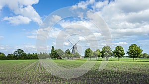 Old dutch windmill at landscape with trees