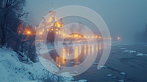 Old Eastern European monastery situated on river or lake island at early morning mist and fog, gentle sunrise light