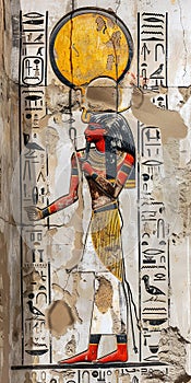 Old Egyptian inscriptions and illustrations as a background. AI generative