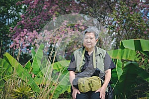 Old elder woman resting in garden. elderly female relaxing outdoors. senior leisure lifestyle