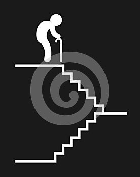 Old and elderly man with poor health and low mobility is walking on stairway and staircase