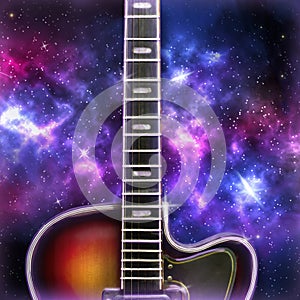 Old electric guitar on the cosmic, starry sky. Music background, cover, banner. Square orientation.