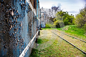 Old electric train wagon perspective background