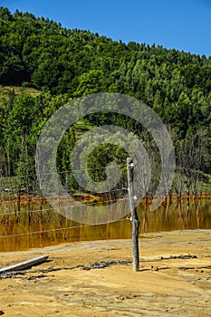 Old electricity pole burried in chemical residues from a gold mine - massive pollution