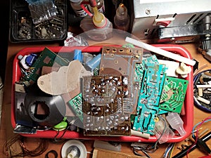 Old electronic technology. Circuit board, component computer industry. Service electric engineering work