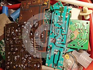 Old electronic technology. Circuit board, component computer industry. Service electric engineering work