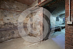 Old, empty basement with brick walls and wooden portal