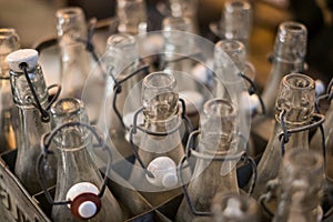 Old empty bottles closeup - bottlenecks of vintage soda bottles