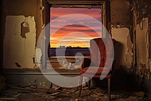 an old, empty chair in an abandoned house, facing a window with a sunset view