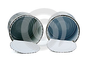 Old empty tin cans on white background