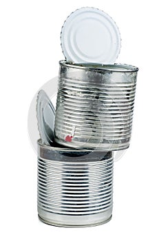 Old empty tin cans on white background
