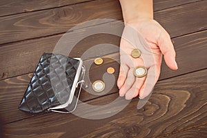 Old empty wallet and coins in the hands .Vintage empty purse and coins in hands of women . Poverty concept. Bankruptcy