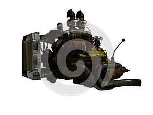 Old engine for truck 3d render on white background no shadow