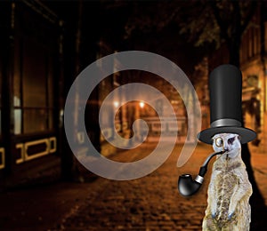 Old english funny concept of a posh meerkat wearing a vintage top hat and standing in the city streets