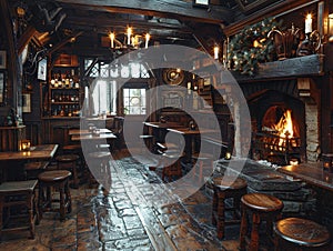 Old English pub with dark wood cozy fireplaces