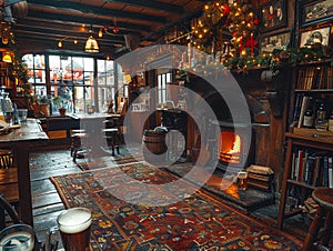 Old English pub with dark wood cozy fireplaces
