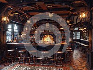 Old English pub with dark wood cozy fireplaces