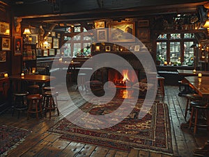 Old English pub with dark wood cozy fireplaces