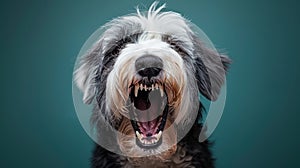 Old English Sheepdog, angry dog baring its teeth, studio lighting pastel background