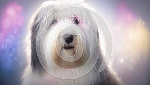 Old English Sheepdog Dog Medium Shot White Pink Blue Magical Fantasy Bokeh. Generative AI