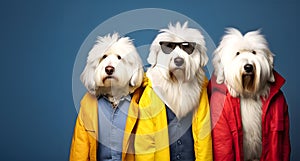 Old English Sheepdog dog puppy in a group, vibrant bright fashionable outfits isolated solid background advertisement